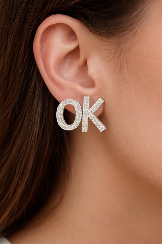 Rhinestone "OK" Single Stud Earring: Silver Statement Word Jewelry
