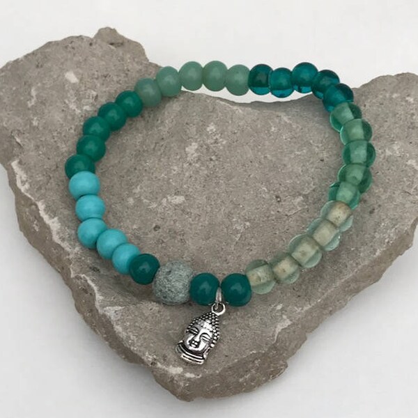 CLEARANCE - Buddha diffuser bracelet 7.5", green, glass bead, yoga, mala, zen, everyday, minimal, lava beads, unisex, gift under 5, charm,