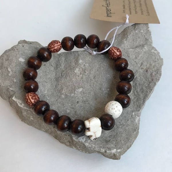 Wood and lucky elephant diffuser bracelet 7", heart bead bracelet, unisex yoga bracelet, layering, stacking, trendy, boho, natural,