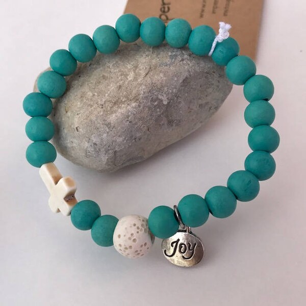 Aqua wood and cross diffuser bracelet 6.5", wood bead bracelet, Joy, lava bead bracelet, layering, stacking, trendy, bracelet under 15,