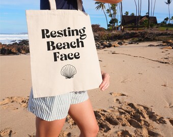 Resting Beach Face Canvas Tote Bag, Funny Summer Travel Bag