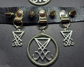 Black Spiked Faux Leather Collar  ,Snake Sigil of Satan ,occult charms : Goth Witchy Killstar