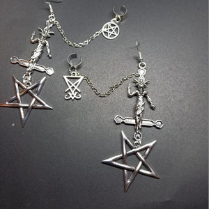 Goth Gothic Black Metal Witchy Witch Witchcraft Satanic Occult Lucifer Devil 666 "Inverted Cross Baphomet Earring with Chain and ear cuff"