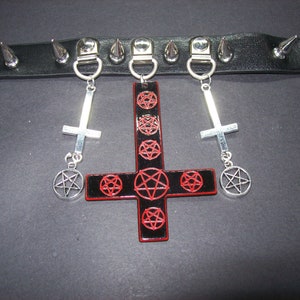 Kawaii Pastel Nu Goth Gothic Witchy Black Metal Occult Satanic Inverted cross with 3 inverted pentagram Black Faux Leather O Ring Collar