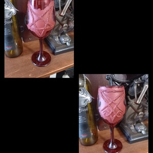 Unique upcycled/recycled goth gothic Witch Witchcraft Occult Satanic red glass alter chalice with double sided sculpted satanic sigils
