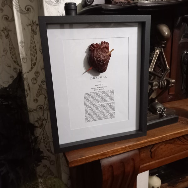 Unique Upcycled recycled Goth Gothic Vampire Nosferatu Succubus Bram Stokers Dracula inspired "Staked heart Dracula " framed art Frame