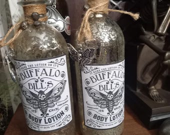 Oddity Curiosity Upcycled recycled goth gothic horror witchy  "buffalo Bills Body Lotion" bottles with death head moth charms