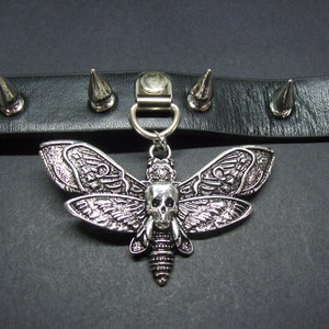 Spiked Faux Black Leather Collar with a Death Head Moth : Goth Witchy Killstar