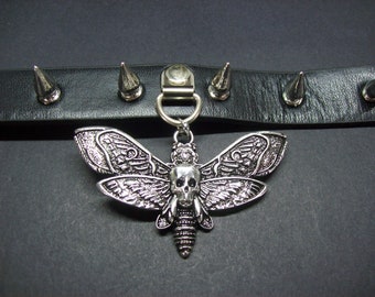 Kawaii Pastel Nu Goth Gothic Witchy witchcraft Occult Pagan Wicca Black Metal UNISEX Death Head Moth Black Faux Leather  10 Spiked Collar