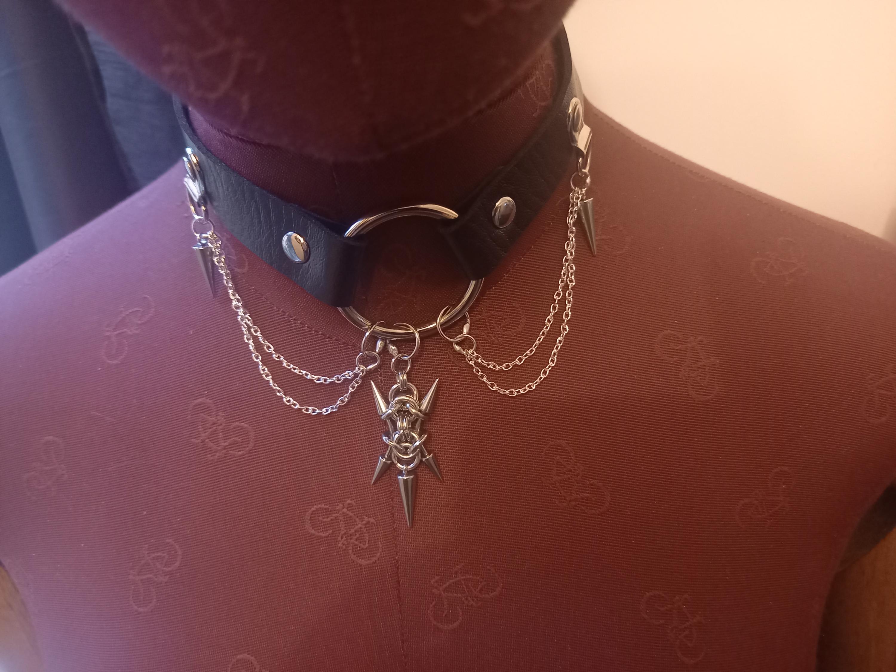 【chainmail】spike O-ring necklace grunge Black Faux Leather O Ring Collar 