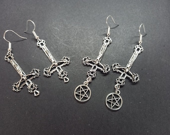 Nu Pastel Goth Gothic Black Metal Witchy Satan Pagan Wicca Occult "Antichrist Range" Pair Of Inverted Crucifix Earrings