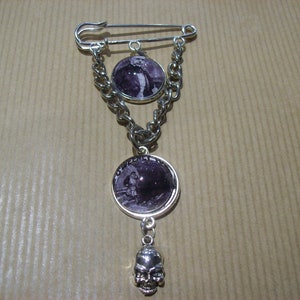 Neo Goth Gothic Victorian  Steampunk Sweeney Todd Inspired Double image Kilt pin Brooch With Skull Charm