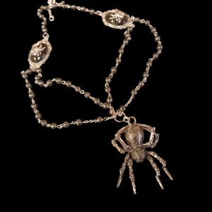 Op de afbeelding: Zilverkleurige ketting met een gedetailleerde spinnenhanger. De ketting heeft een kralenketting met ovale accenten, alles tegen een zwarte achtergrond. De spinnenhanger is het middelpunt.