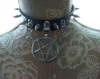 Spiked Faux Leather Collar - Inverted Pentagram : Goth Witchy killstar Occult Satanic Witch