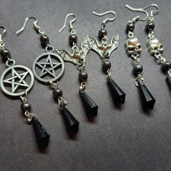 Kawaii Pastel Neo Nu Goth Gothic Witchy recycled rosary and black crystal dangle and drop earrings