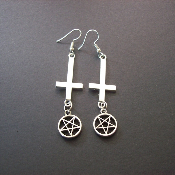 Nu Pastel Goth Gothic Black Metal Witchy Satan Pagan Wicca Occult "Antichrist Range" Pair Of Inverted Cross Earrings with inverted pentagram