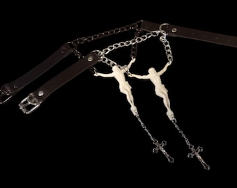 Crucifix Black Faux Leather black or silver chain and O ring collar :Goth Witchy