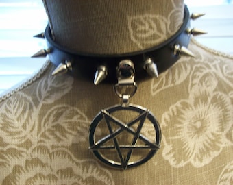 Black Faux Leather Spiked Collar UNISEX Inverted Pentagram :satanic goth witchy