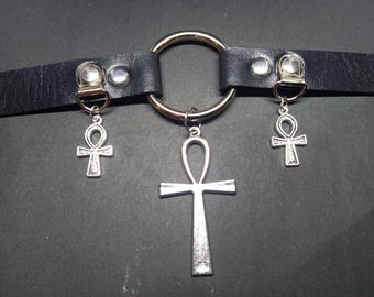 Black Faux Leather O ring Collar with Egyptian 3 Ankh details UNISEX : goth witchy