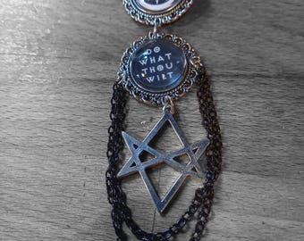 Oddity curiosity witch witchy occult magick Aleister Crowley inspired "double image Ornate Thelema Brooch"with Unicursal hexagram & chains