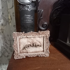 Könnte beinhalten: Ein kleiner, verzierter, brauner Holzrahmen mit weißem Innenraum. Der Rahmen enthält einen erhabenen, weißen Gipsabdruck von zwei Fledermauskrallen. Der Rahmen steht auf einer Holzoberfläche. Der Text "The Spirit of Darkness" und "Bat's Blood" ist auf einer Flasche im Hintergrund zu sehen.