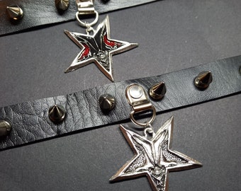 Black Spiked Faux Leather Collar, Inverted Pentagram with Demon Face : Goth Witchy Killstar Satanic