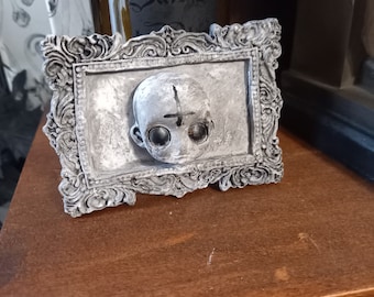 Unique hand sculpted Oddity curiosity goth gothic witchy creepy horror "Corpse Framed Doll face " wall hanging art ,black and white finish L
