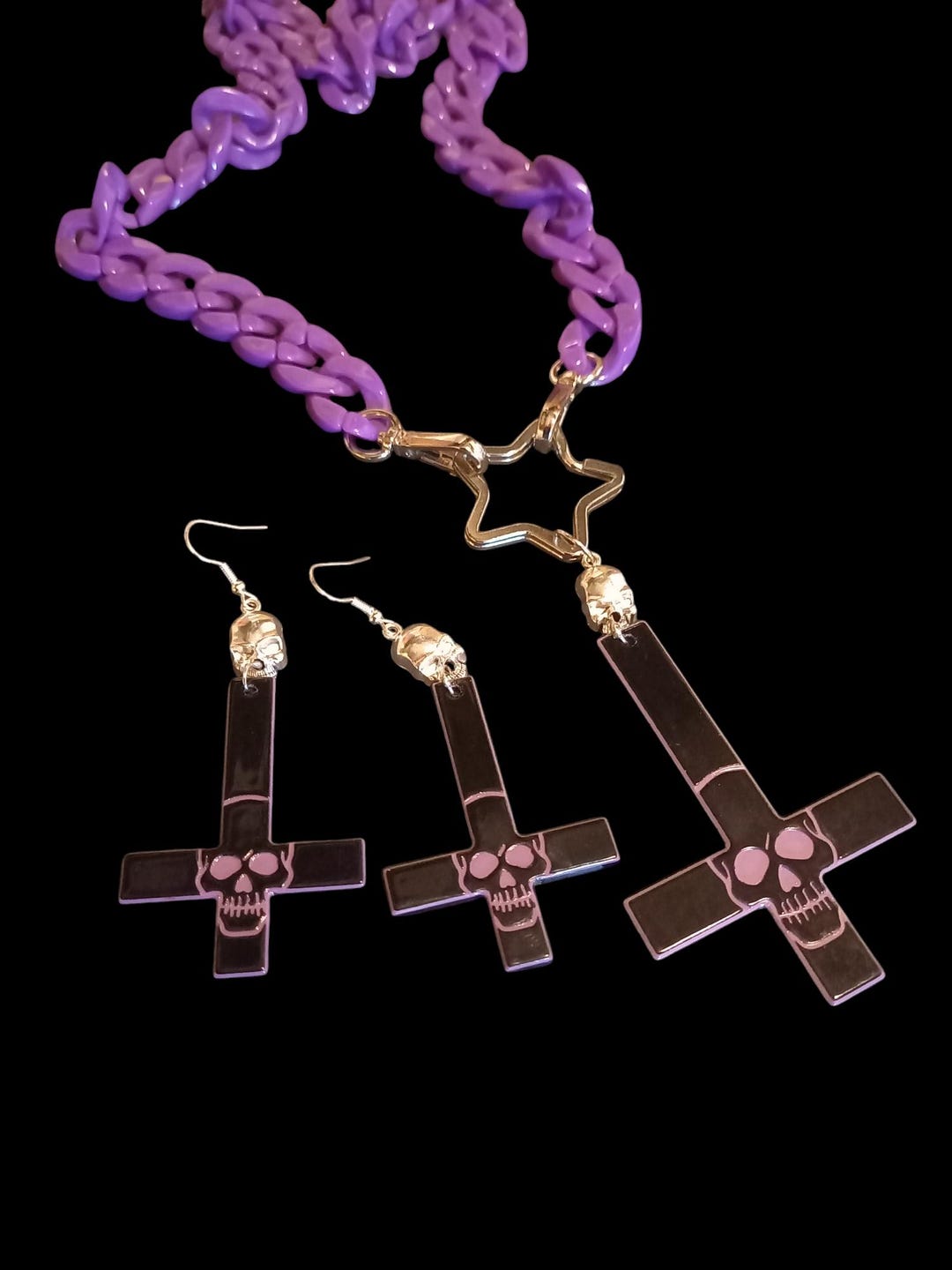 Kreepsville 666 Purple Skull Inverted Cross Necklace and Earrings