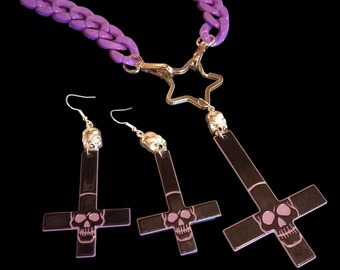Kreepsville 666 Purple Skull Inverted Cross Necklace and Earrings