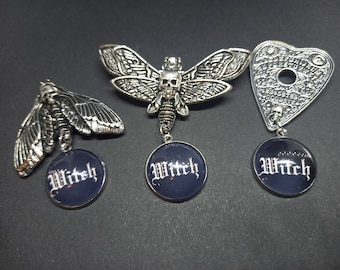 Witchy pin badge /brooch with choice of metal detail : goth witch occult accessory