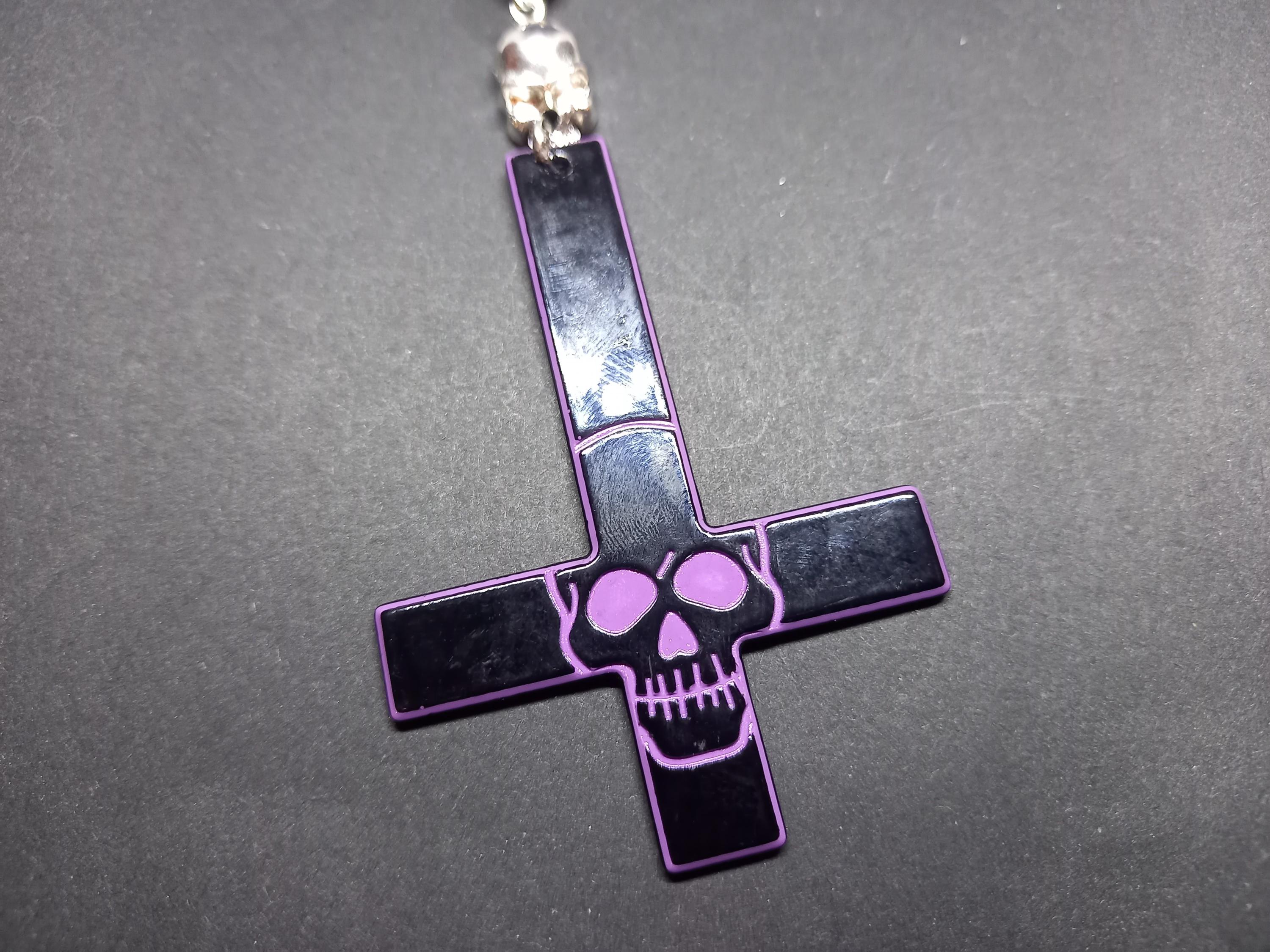 Kreepsville 666 Purple Skull Inverted Cross Necklace and Earrings
