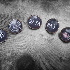 Oddity Curiosity goth gothic witchy witch witchcraft occult Satanic  Tiki "Ave Satanus Baphomet " Badge set