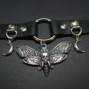 Black Faux Leather O Ring Collar, Death head moth & crescent Moons: Goth Witchy Killstar