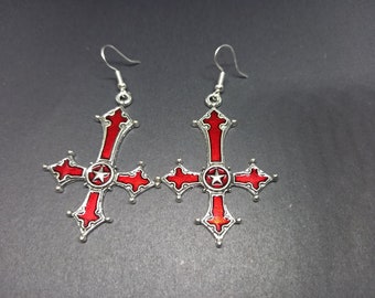 Kawaii Pastel Nu Neo Goth Gothic Witchy  Witchcraft Pagan Wicca Occultist Satanic metal inverted gothic cross with red enamel style inlay