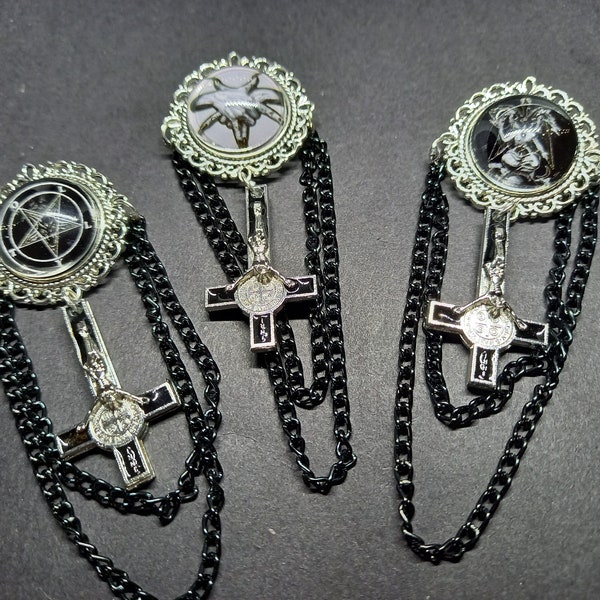 Oddity curiosity goth gothic witchy killstar magic magick occult occultist " Ornate Satanic Brooch" with chains and inverted crucifix