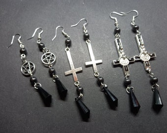 Kawaii Pastel Neo Nu Goth Gothic Witchy satanic occult recycled rosary and black crystal Antichrist dangle and drop earrings