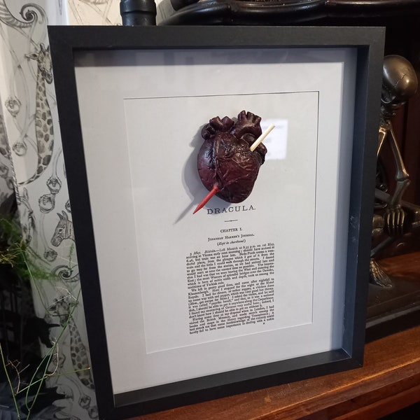 Unique Upcycled recycled Goth Gothic Vampire Nosferatu Succubus Bram Stokers Dracula inspired "Staked heart Dracula " framed art Frame