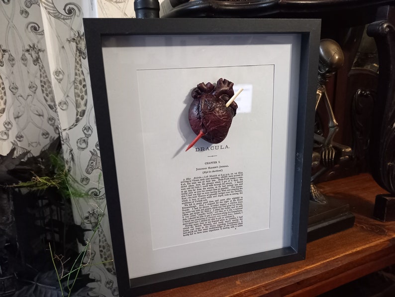 Unique Upcycled recycled Goth Gothic Vampire Nosferatu Succubus Bram Stokers Dracula inspired Staked heart Dracula framed art Frame image 1