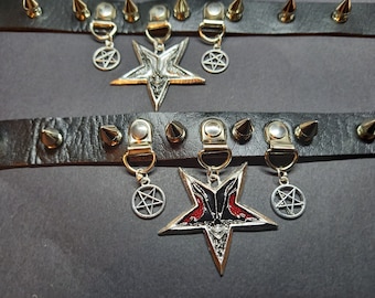 Black Faux Leather spiked Collar with inverted  & demon face pentagrams :satanic witchy goth