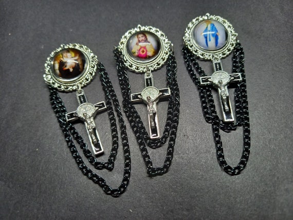Pin Brooch • Black Chains & Crucifix • Gothic Witchy • Catholic Religious Style