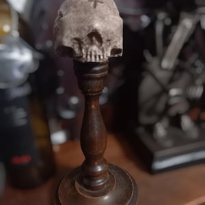 Oddity curiosity unique goth gothic witchy killstar occult satanic demon demonology &quot;Sightless Demonic skull on large stand&quot;aged bone finish