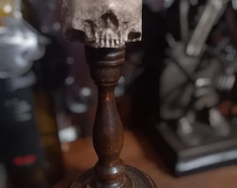 Oddity curiosity unique goth gothic witchy killstar occult satanic demon demonology &quot;Sightless Demonic skull on large stand&quot;aged bone finish