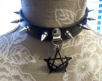 Black Faux Leather spiked Collar with  Black crescent moon and pentagram Detail :goth wtchy