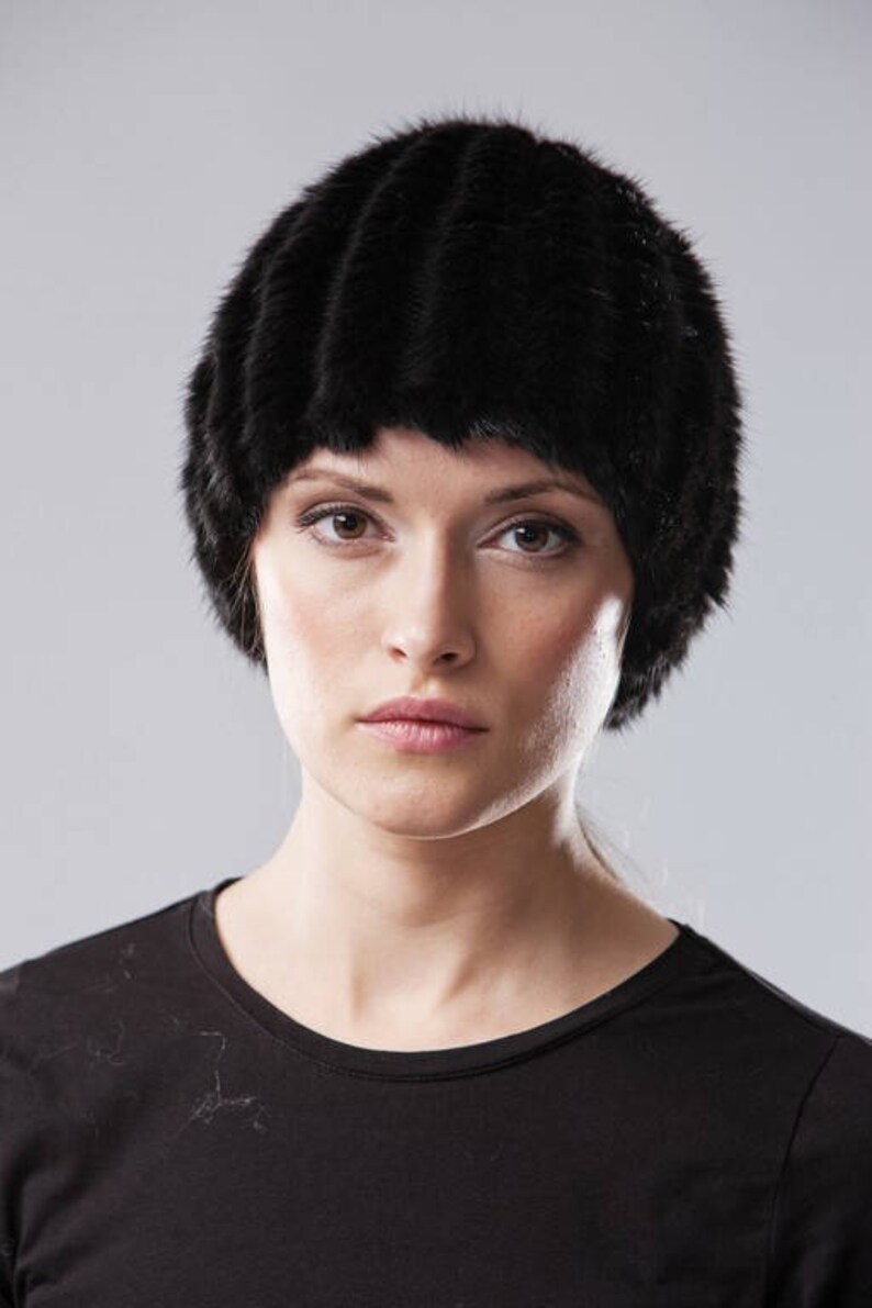 Handmade knitted black mink fur hat