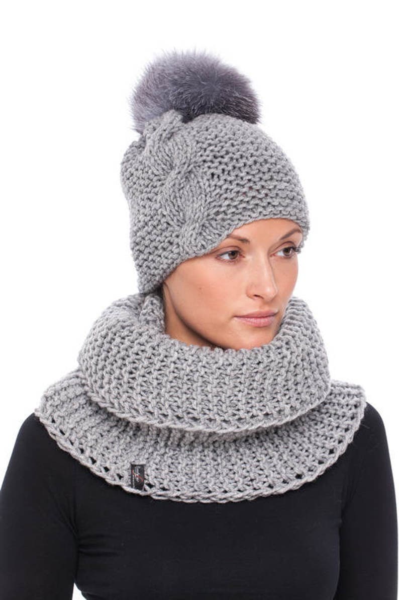 Handmade knitted grey wool hat with blue silver fox fur pom pom