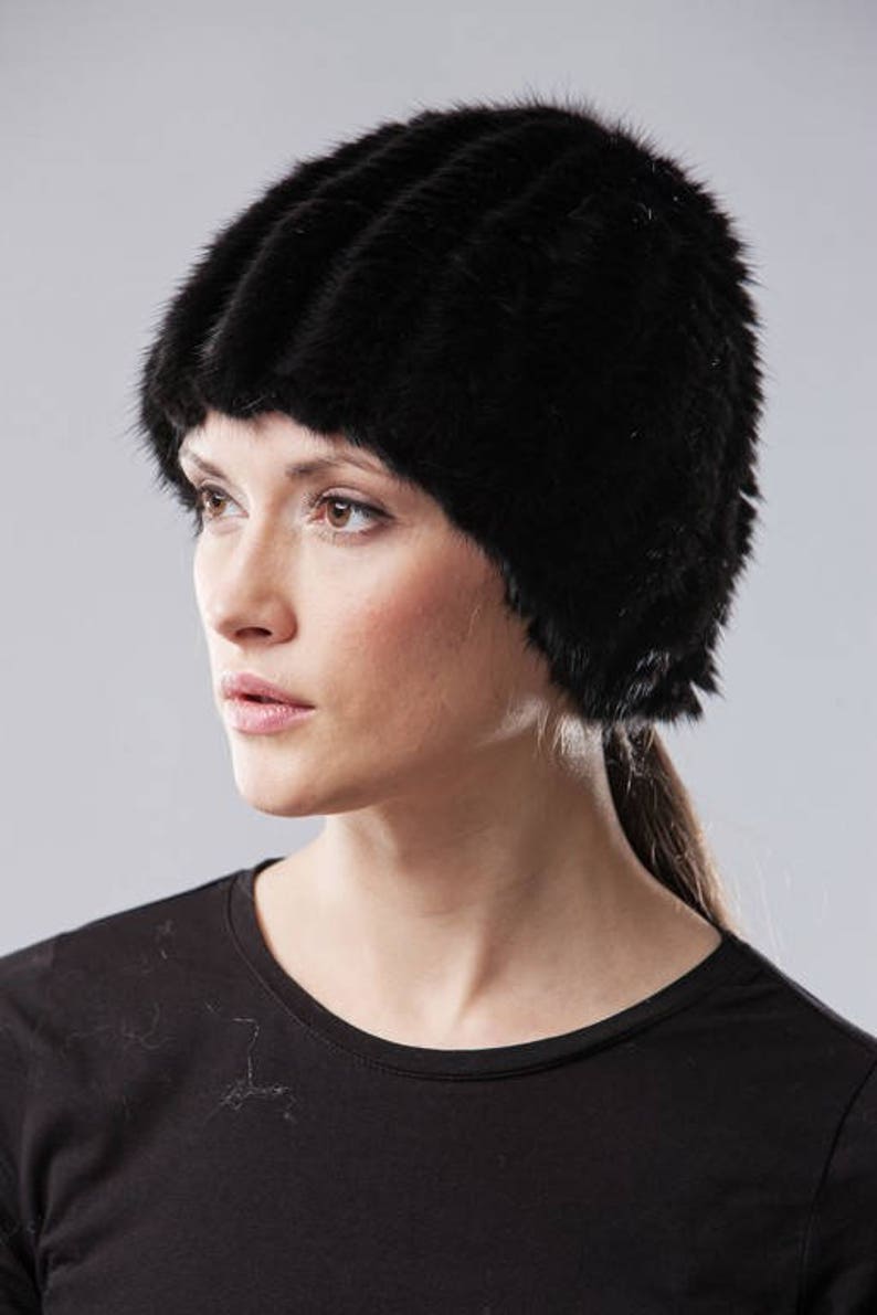 Handmade knitted black mink fur hat