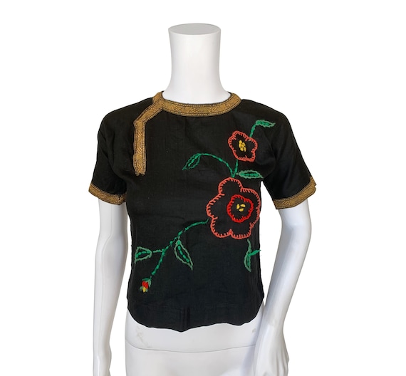 1970s Peasant Top with Wool Embroidery