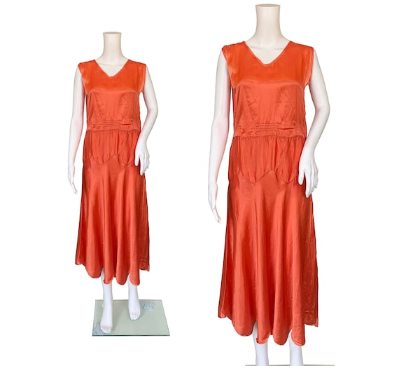 1930s Synthetic Silk Coral Red Dress