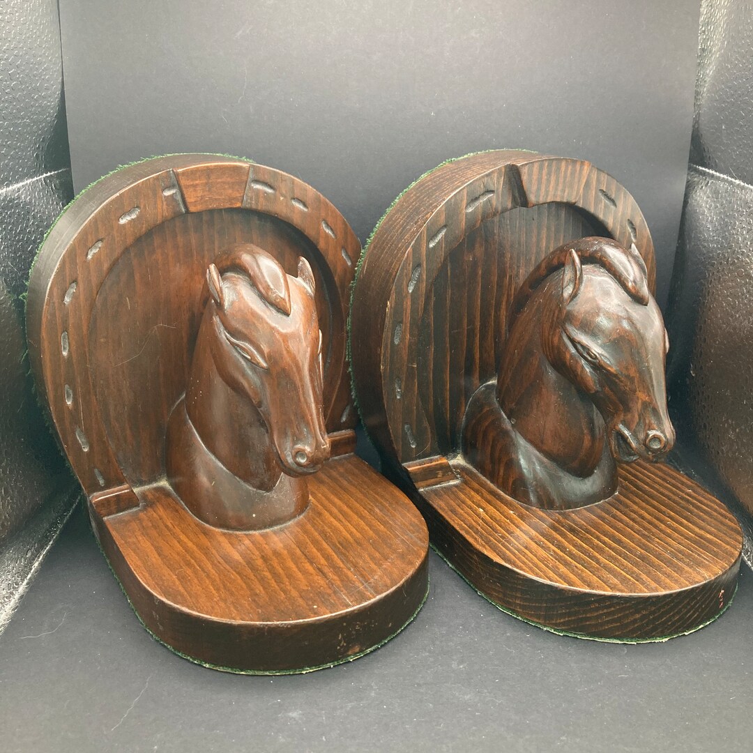 Carved Wood Horse Head, Horse Shoe Bookends. Vintage, Equestrian , Mid