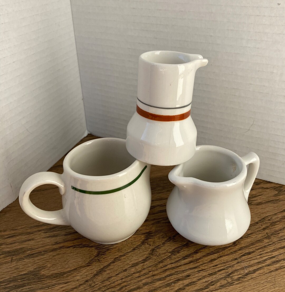 Restaurant Ware Creamers. Set of Three. Green Stripe Syracuse, Double